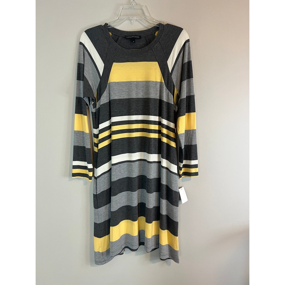 Chris McLaughlin Womens Striped Long Sleeve Knit Dress Gray Yellow Size 10‎ NEW